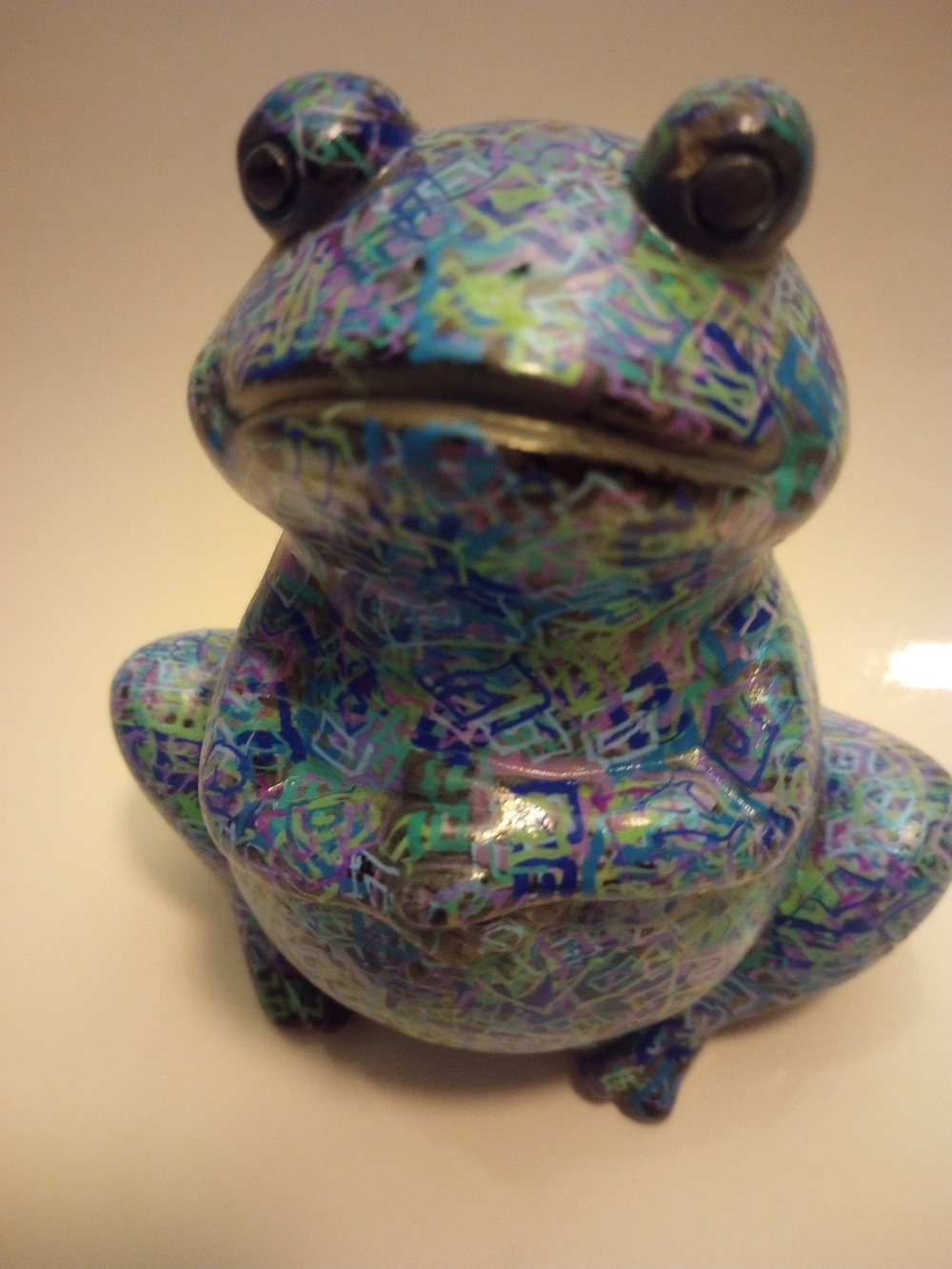 Colorful Ceramic Garden Frog Art In Green And Blue